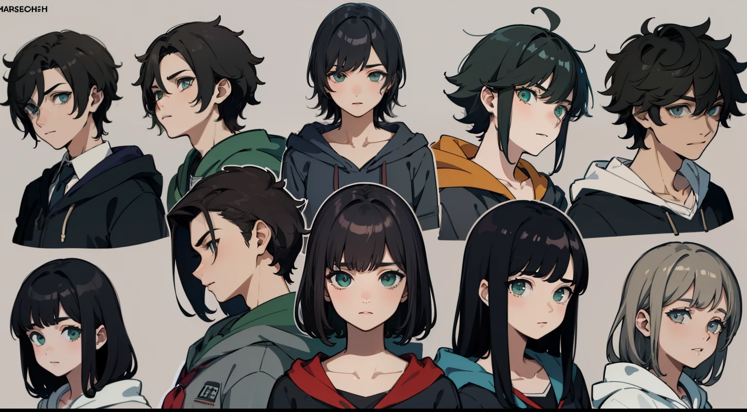 ((Masterpiece, Highest quality)), Detailed face, character sheets, full bodyesbian, 1boys, Green eyes, Black hair,  short detailed hair， Messy hair, ((pointy hair)), Hoodie, hair between eye, school uniform, gray theme, Full of details, Multiple poses and expressions, Highly detailed, Depth, Many parts