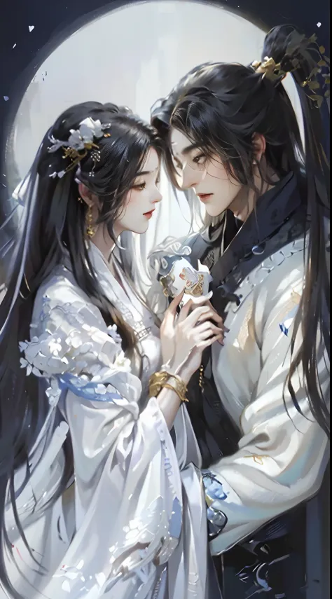 (extreamly delicate and beautiful:1.2), 8K, (tmasterpiece, best:1.3), (ANCIENT_CHINESE_FANTASY:1.7) (MALE+FEMALE COUPLE:1.5), (((MALE-FEMALE LOVER COUPLE:1.5))):(LONG_WHITE_HAIR_COUPLE:1.5) (wears white hanfu with golden embroidery:1.2),
