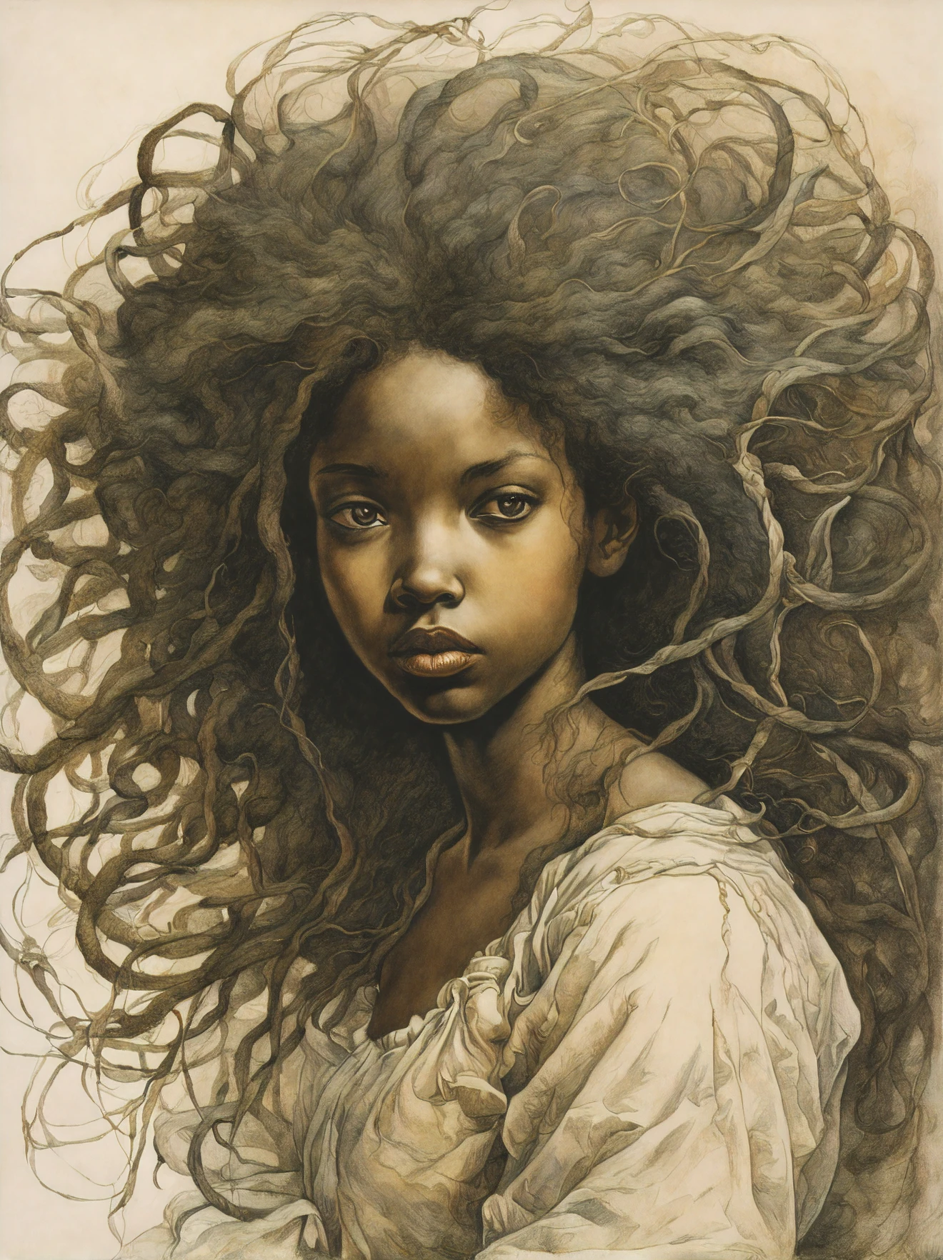 Mezzotint color print of a beautiful young black girl tangled hair, detailed face, dynamic pose, by Jean-Baptiste Monge, by Hans Bellmer,beautymix