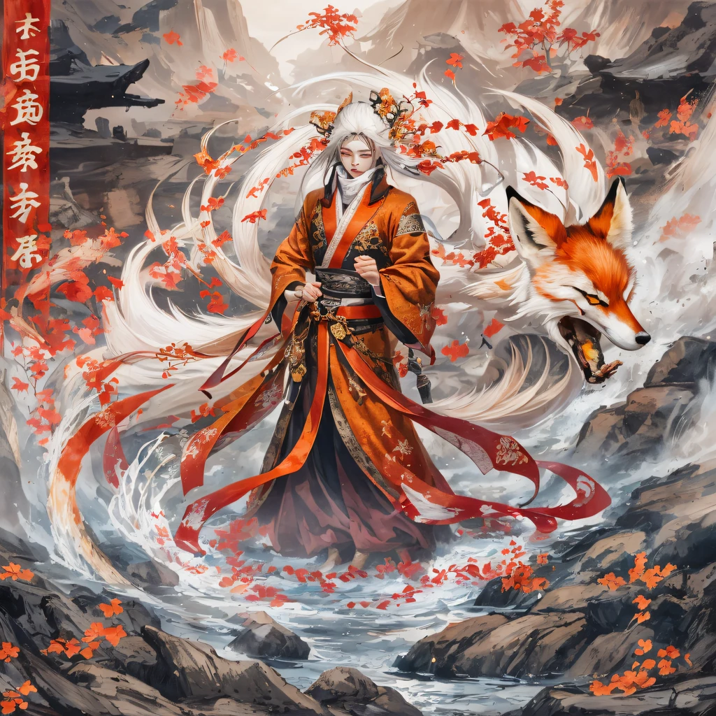 Nine-tailed fox 32K，Red and White Immortal Demon Realm, Chance encounter with Liu Hanshu, He saw in him his former self, It was decided to take him as an apprentice, Teach him how to protect himself, But because of the Tibetan star map, Phoenix and the Liu family、The Jade Sword Sect establishes relationships, It opens with the death of Liu Hanshu, Qin Yu embarked on the road of confrontation with a strong enemy, Working hard, Make yourself stronger, Stick to your own core path of justice, （nine tail fox）eyes filled with angry，The red and white nine-tailed fox clenched its fists，Rush up，Deliver a fatal blow to your opponent，full bodyesbian，Full body nine-tailed fox male mage 32K（Masterpiece Canyon Ultra HD）fenghuang（canyons）Climb the streets， The scene of the explosion（nine tail fox）， （Dragons）， The nine-tailed fox's angry fighting stance， looking at the ground， Batik linen bandana， Chinese red and white pattern long-sleeved garment， Canyon red and white nine-tailed fox（Abstract propylene splash：1.2）Red White（realisticlying：1.4），Black color hair，Flour fluttering，rainbow background， A high resolution， the detail， RAW photogr， Sharp Re， Nikon D850 Film Stock Photo by Jefferies Lee 4 Kodak Portra 400 Camera F1.6 shots, Rich colors, ultra-realistic vivid textures, Dramatic lighting, Unreal Engine Art Station Trend, cinestir 800，Red and white fluttering mist,（（（Jungle Canyon）））The wounded lined up in the streets（vale）Climb the streetovie master real-time image quality（tmasterpiece，k hd，hyper HD，32K） （Linen batik scarf）， Combat posture， looking at the ground， Linen bandana， Chinese nine-tailed fox pattern long-sleeved garment， Morning nine-tailed fox（Abstract gouache splash：1.2）， Dark clouds lightning background，sprinkling