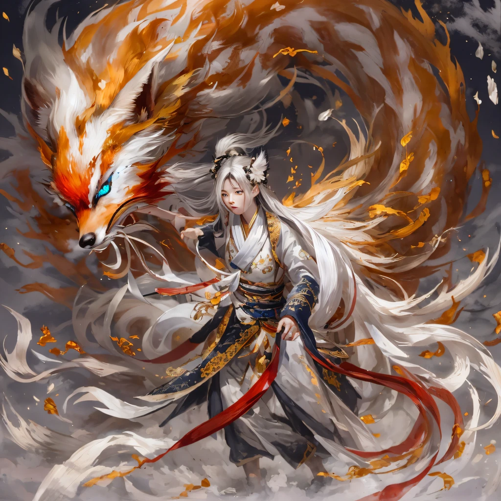 Nine-tailed fox 32K，Red and White Immortal Demon Realm, Chance encounter with Liu Hanshu, He saw in him his former self, It was decided to take him as an apprentice, Teach him how to protect himself, But because of the Tibetan star map, Phoenix and the Liu family、The Jade Sword Sect establishes relationships, It opens with the death of Liu Hanshu, Qin Yu embarked on the road of confrontation with a strong enemy, Working hard, Make yourself stronger, Stick to your own core path of justice, （nine tail fox）eyes filled with angry，The red and white nine-tailed fox clenched its fists，Rush up，Deliver a fatal blow to your opponent，full bodyesbian，Full body nine-tailed fox male mage 32K（Masterpiece Canyon Ultra HD）fenghuang（canyons）Climb the streets， The scene of the explosion（nine tail fox）， （Dragons）， The nine-tailed fox's angry fighting stance， looking at the ground， Batik linen bandana， Chinese red and white pattern long-sleeved garment， Canyon red and white nine-tailed fox（Abstract propylene splash：1.2）Red White（realisticlying：1.4），Black color hair，Flour fluttering，rainbow background， A high resolution， the detail， RAW photogr， Sharp Re， Nikon D850 Film Stock Photo by Jefferies Lee 4 Kodak Portra 400 Camera F1.6 shots, Rich colors, ultra-realistic vivid textures, Dramatic lighting, Unreal Engine Art Station Trend, cinestir 800，Red and white fluttering mist,（（（Jungle Canyon）））The wounded lined up in the streets（vale）Climb the streets，Movie master real-time image quality（tmasterpiece，k hd，hyper HD，32K） （Linen batik scarf）， Combat posture， looking at the ground， Linen bandana， Chinese nine-tailed fox pattern long-sleeved garment， Morning nine-tailed fox（Abstract gouache splash：1.2）， Dark clouds lightning background，sprinkling