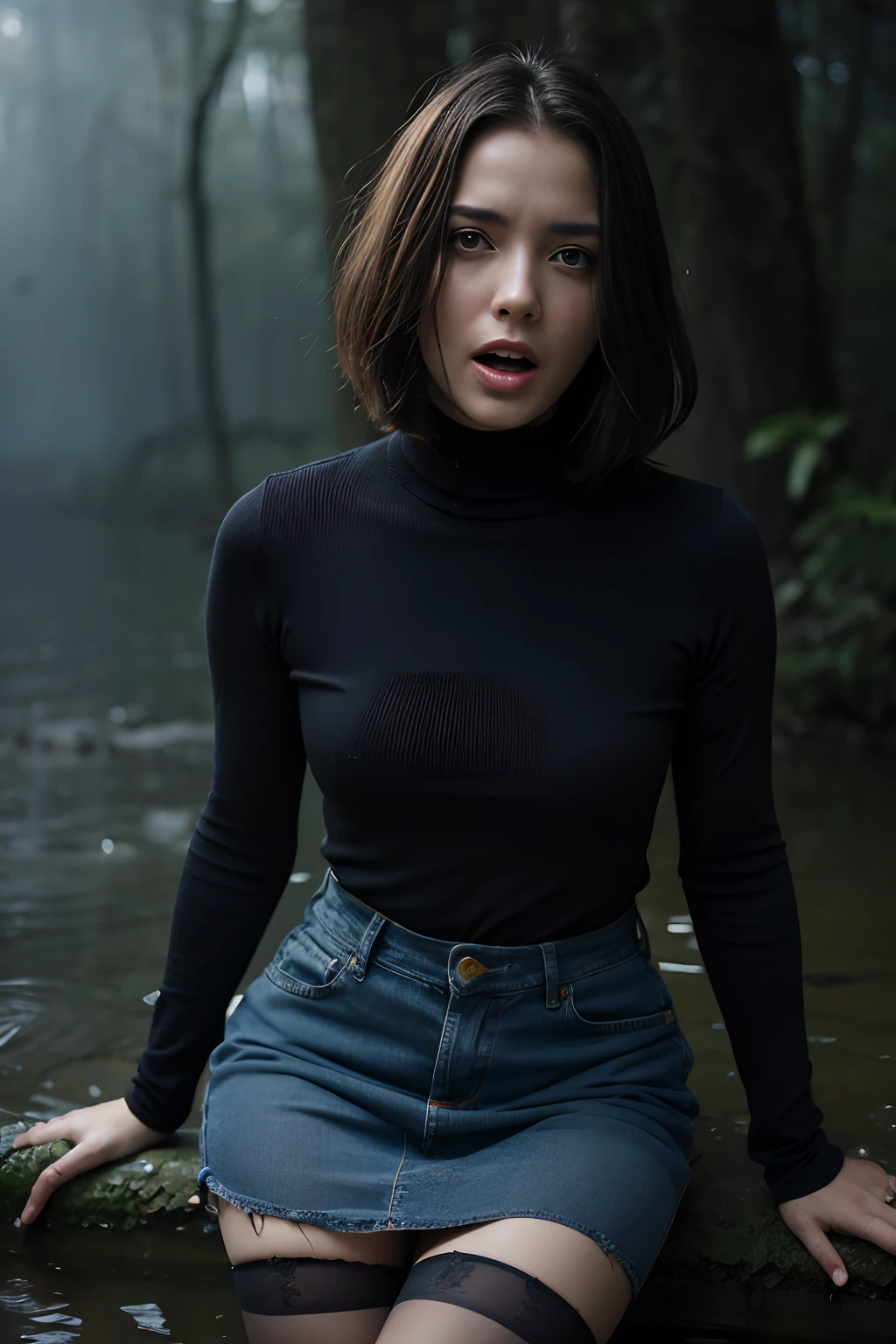 (Best Quality,hight resolution:1.2),The woman,Expressive wrinkles,Bob haircut,jeans skirt,blouse,(dark lace stockings with garters), ( drowning in a swamp:1.2),Detailed eyes and face,expression of despair,Dark and moody lighting,ominous vibe,desperation,(Imminent Doom:1.1),At the mercy of forbidden desires, gloomy ecstasy