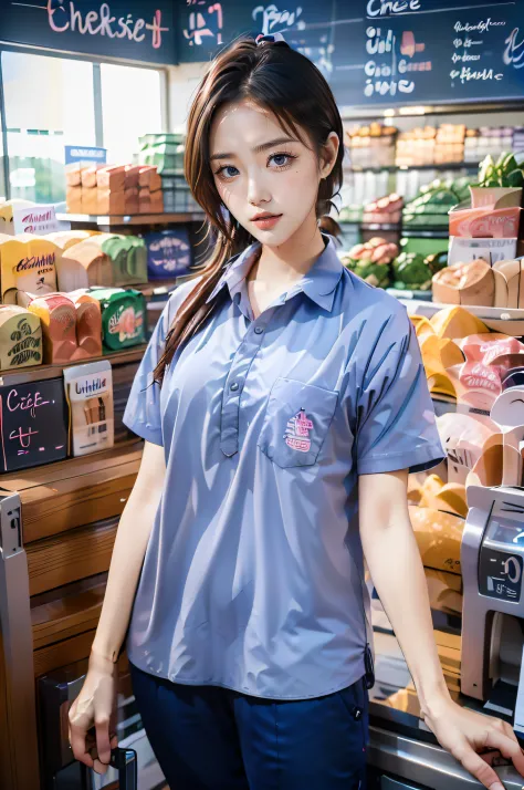 ((1 Cute girl pay checkout in supermarkets cashier:1.5)),(wide shot:1.3),field of view,looking at distance,
,18yo, ponytail, shiny skin, Perfect body, Correct body, ((Correct anatomy:1.37))
, full body, Realistic poses
, (((peformth,lightgrey shirt,untucke...