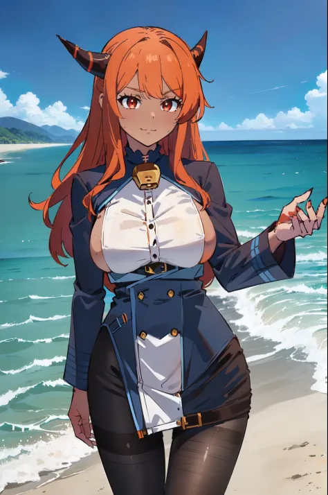 masterpiece, best quality, extremely detailed, 1girl, milf, solo, (dark brown skin:1.6), raika, ((large breasts:1.7)), (((orange hair, long hair, red eyes, slit pupils, dragon horns))), parted lips, (((outfit-ak, blue jacket, long sleeves, neck bell, white...