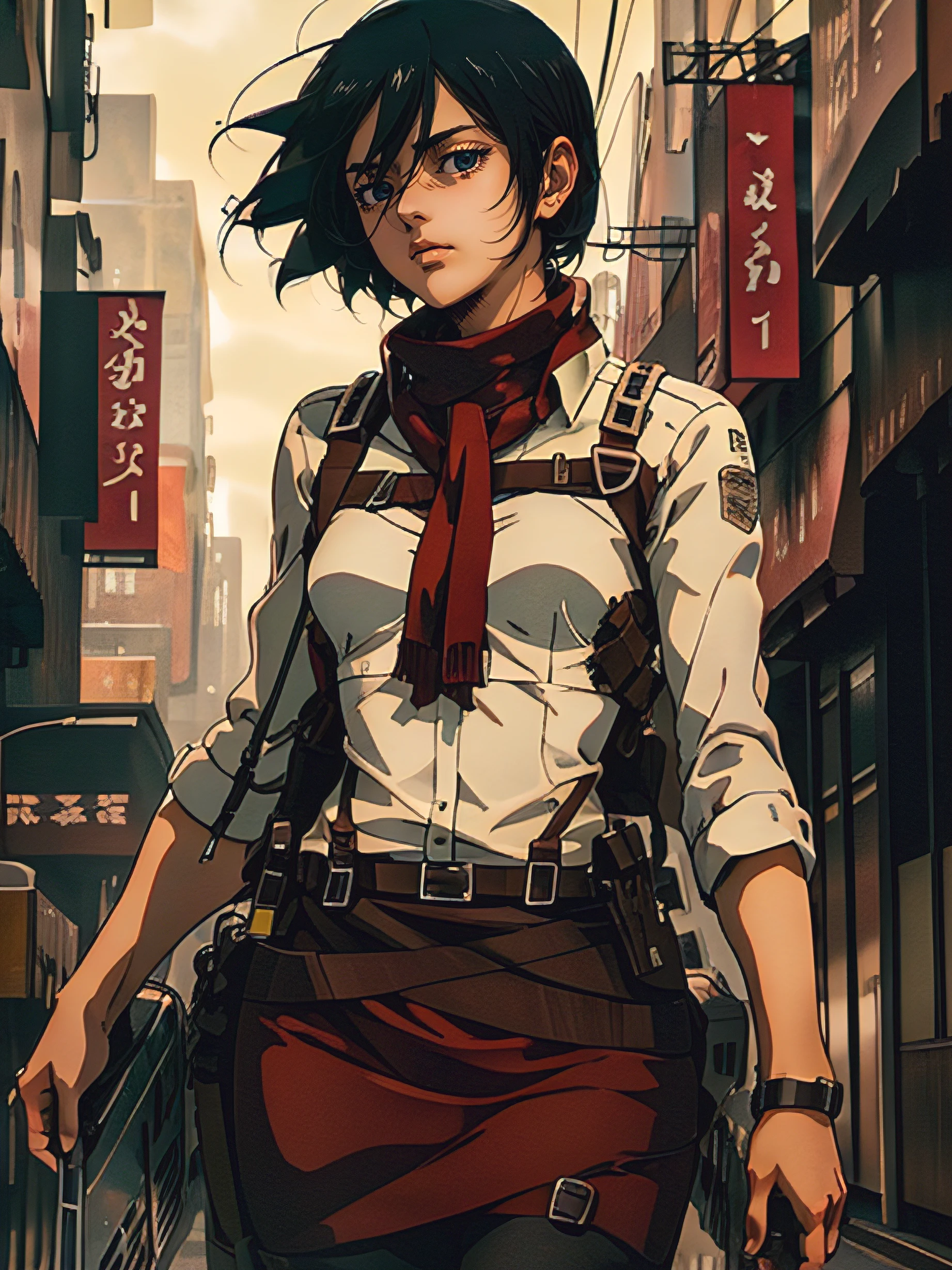 1girl, solo, (masterpiece), best quality, ultra-detailed, Mikasa Ackerman, Retro style, fashion cloth, fancy,