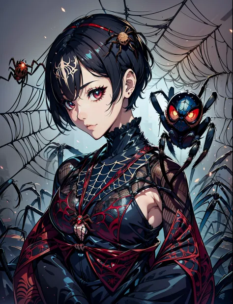 Beautiful girl fused with a spider. Girl in Japanese style maid costume. ((Female Solo. 1.1)) . hiquality. Dark fantasy style il...
