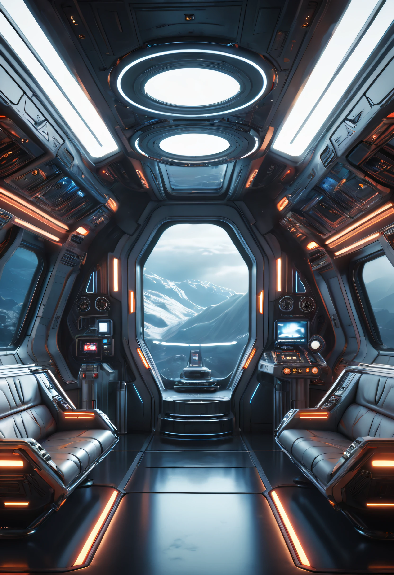 Interior of a futuristic spaceship cabin. hyperrealistic, photoreal, Fuji X-H2, Cook Anamorphic/i FF 32mm, octane render, very detailed, intricate detail, beautiful lighting, 24mm portrait photography, volumetric like, high detainer, very detailed, Unreal Engine 5, realistic CGI, 32k, ultra realistic, photorealistic, octane render. Hyperrealistic + photorealism, Cinematic, Hyperrealistic + photorealism