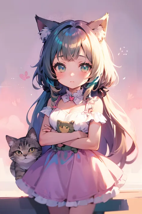 anime girl with teal hair and brown ayes hugging a cat, cute anime catgirl, anime catgirl, beautiful anime catgirl, very beautif...