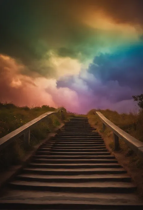 Close-up Of The Stairs Leading To The Rainbow Sky, A Very Colorful ...