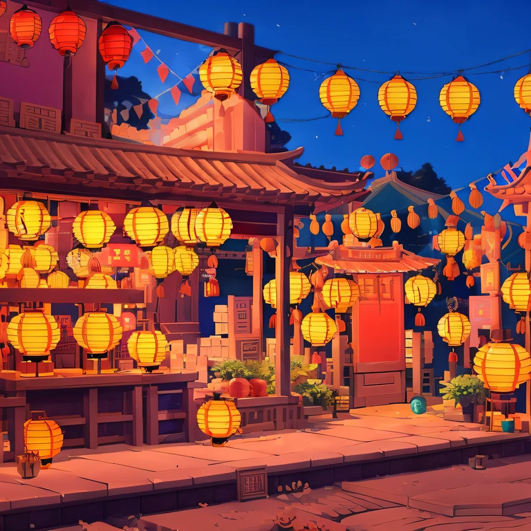 Lanterns hang from the ceiling of Chinese-style buildings, street lanterns glow, background artwork, arte de fundo, evening lanterns, dreamy Chinese towns, Anime background art, Glowing lights! Digital painting, colorful anime movie background, street lanterns are shining, gta chinatowon art style, Red lanterns, the street lights, anime backgrounds, glowing lanterns, stunning art style, Lanterns