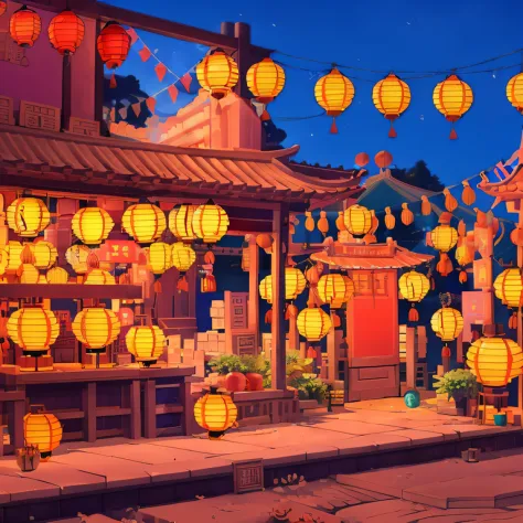 lanterns hang from the ceiling of chinese-style buildings, street lanterns glow, background artwork, arte de fundo, evening lant...