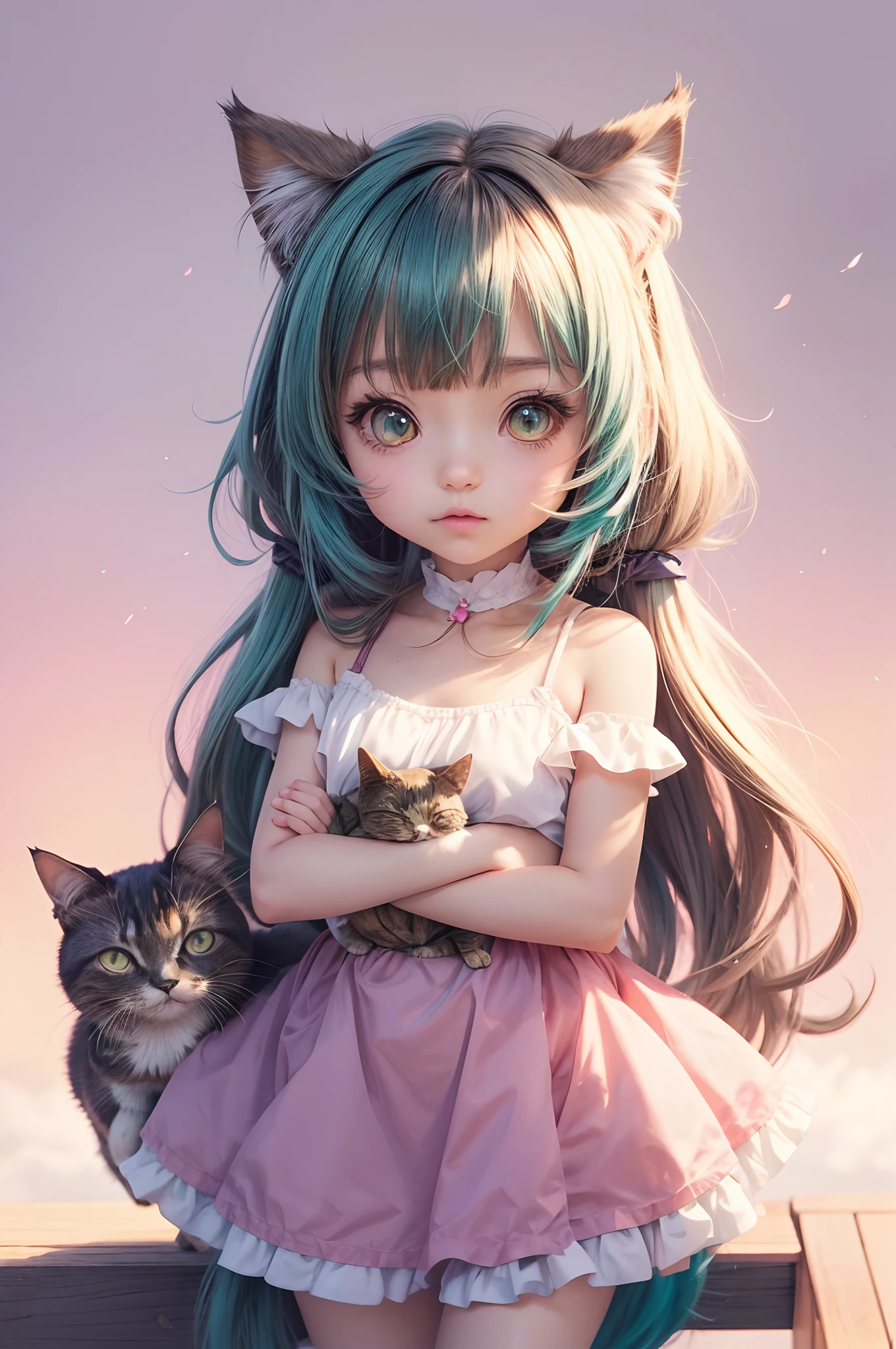 Anime-Mädchen mit blaugrünem Haar und braunen Augen umarmt eine Katze, Süßer Anime Katzenmädchen, anime Katzenmädchen, beautiful anime Katzenmädchen, very beautiful anime Katzenmädchen, Anime-Mädchen mit Katzenohren, Anime-Katze, very beautiful cute Katzenmädchen, Katzenmädchen, Süßer Anime, von Shitao, pixiv, Weiche Anime-Illustration, Katzenmädchen,