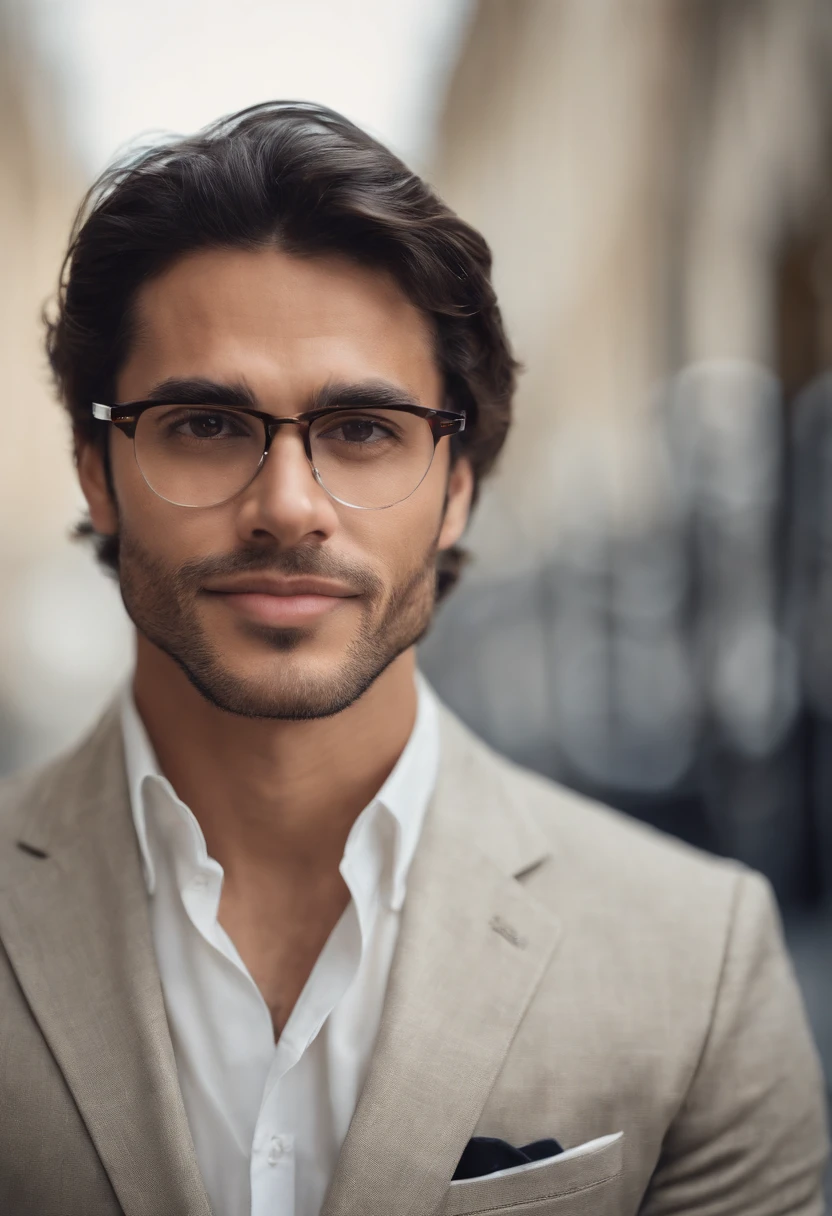 serious expression, professional attire, with a bright office background, high-resolution, studio lighting, sharp focus, vivid colors, detailed skin texture, clear and defined facial features, distinct jawline, neat and well-groomed facial hair, dark and defined eyebrows, intense gaze, confident smile, eye-catching tie, modern glasses, crisp white shirt.