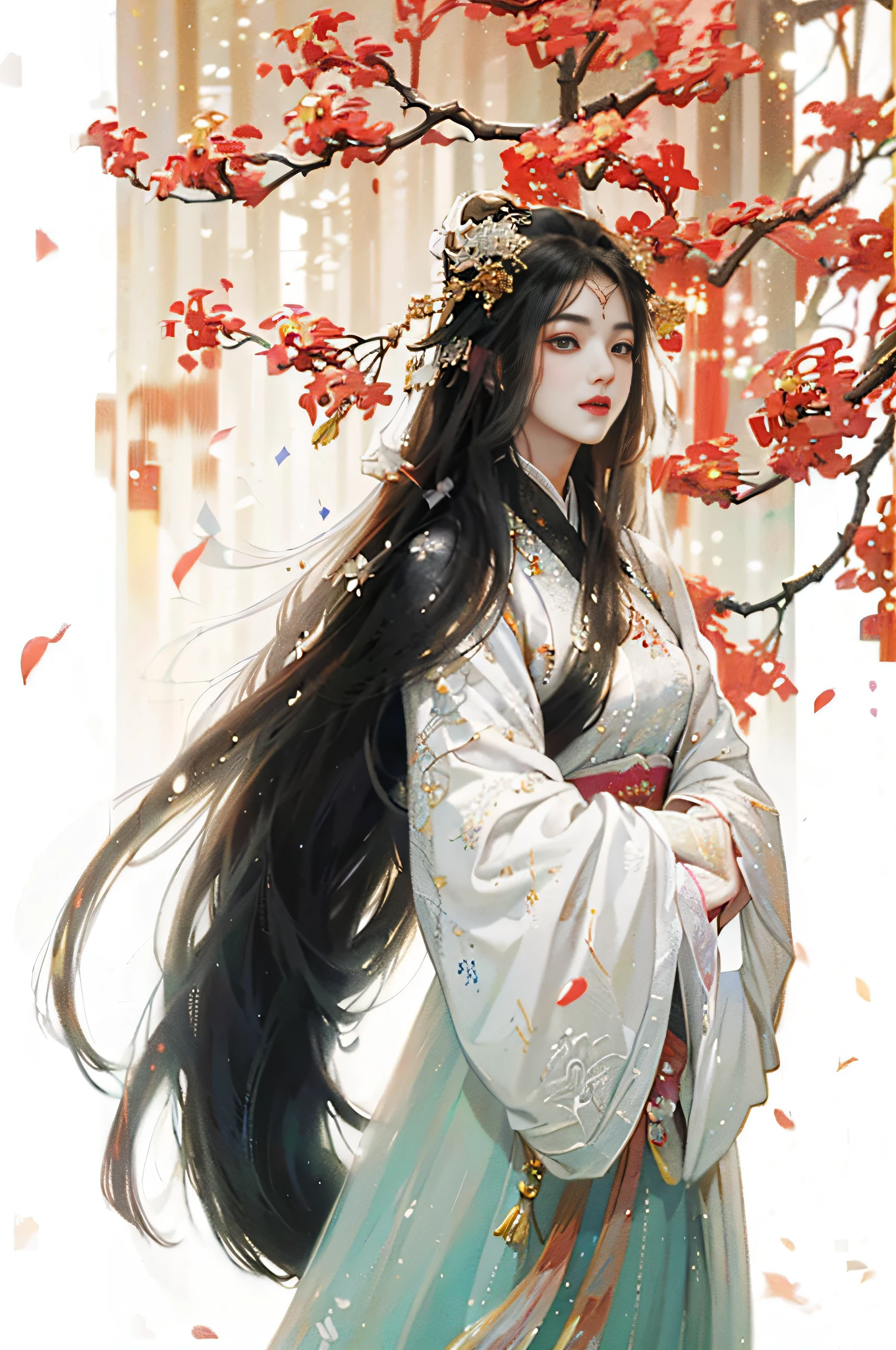 (extreamly delicate and beautiful:1.2), 8K, (tmasterpiece, best:1.3), (ANCIENT_CHINESE_FANTASY:1.7) (LONG_WHITE_HAIR_Princesse:1.5) (wears white hanfu with golden embroidery:1.2), 1 girl, (Perfect_symmetrical_eyes:1.5) amazing_enchanting_gaze, gorgeous ferfect face