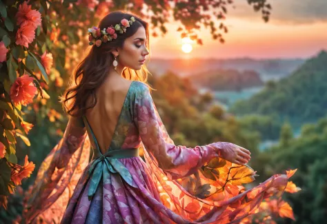 (hyperrealistic photo of beautiful woman), leafy dress, colorful, looking at sunset background,dress made of flowers and leaf, m...