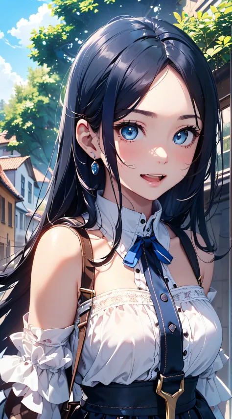 top-quality、Top image quality、​masterpiece、girl with((cute little、sixteen years old、Best Bust、Medium bust、Bust 85,Beautiful blue eyes、Breasts wide open,Long Black Hair、A slender、Blue hair mesh、White Y-shirt、Blue short skirt,satchel,Laugh、run、Reflecting the...