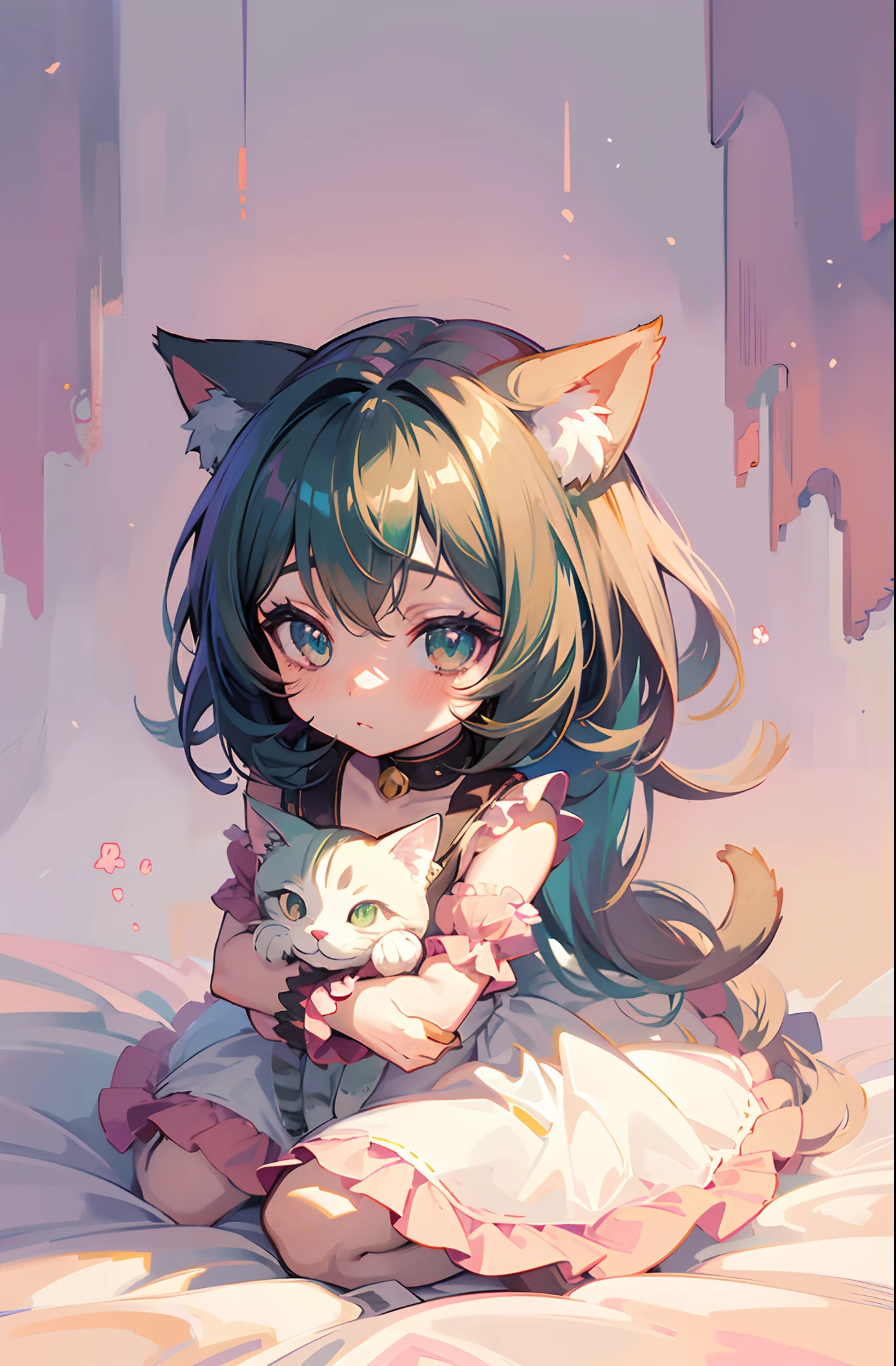 anime girl with long teal hair and brown ayes hugging a cat, cute anime ...