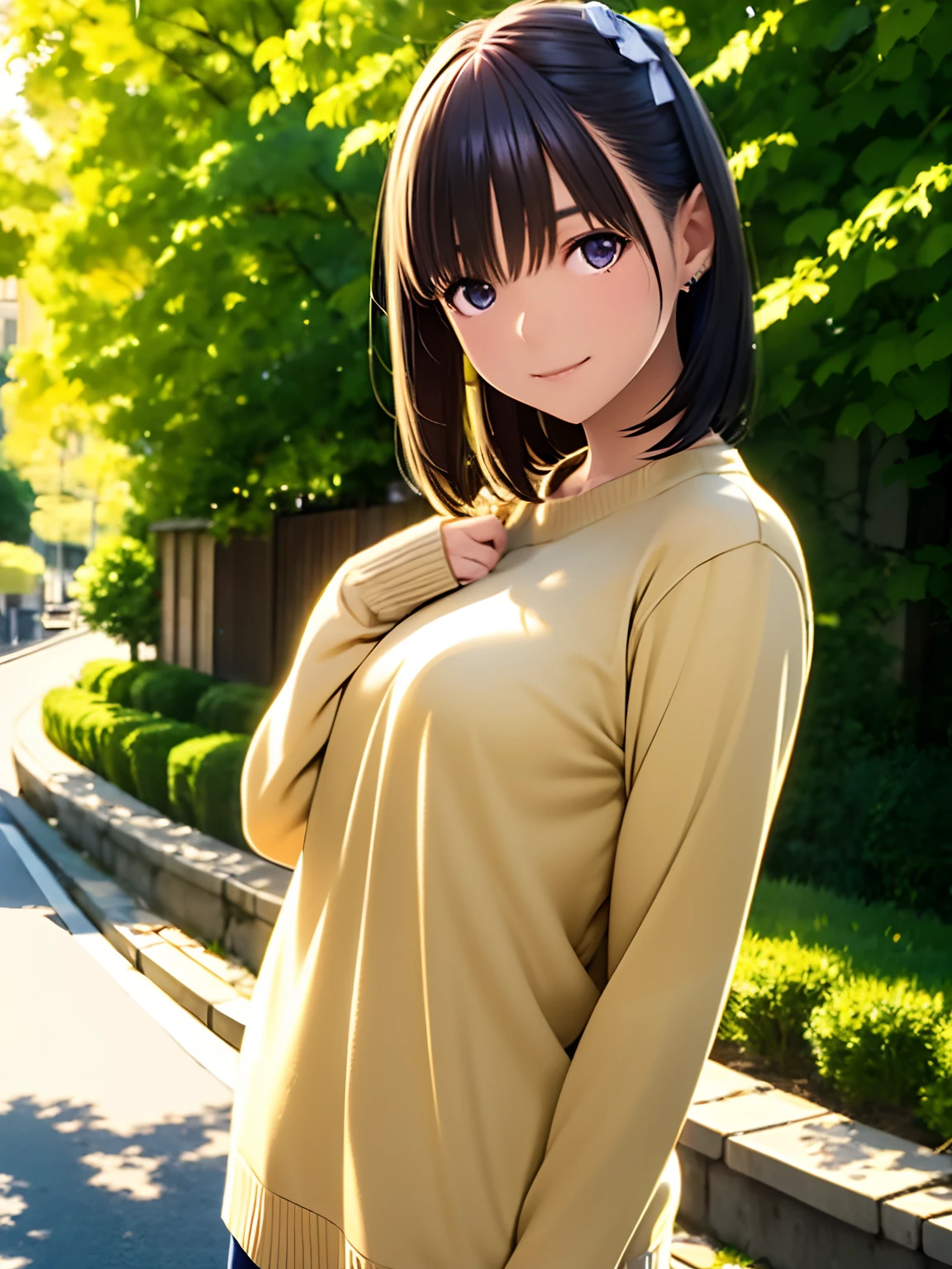 hight resolution,8K,Best Quality,detaileds,semi - realistic anime,Anime 3D Style,Smooth Anime CG,1 girl in,20 year old woman in Japan,slim,modeled,shiny chestnut hair,Medium Hair,Detailed face,Beautiful and detailed eyes,Glowing skin,(Sweaters),earring beautiful,autumnal,tag,Colored leaves,Ginkgo tree,dead wood,(Golden leaves flutter),with light glowing, plein air, Beautiful details sky, (dynamicposes:0.8),Hard Focus、film grains,Soft lighting,the wind,looking at the viewers,A smile,Angle from the side