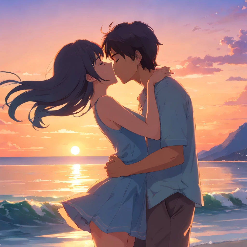 A couple kissing on the beach at sunset - SeaArt AI