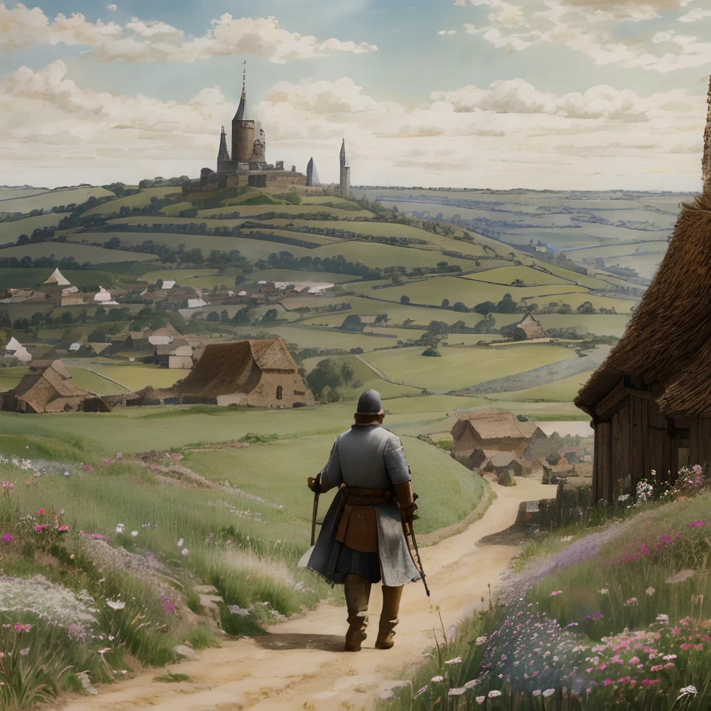 (medieval farmer walking to the medieval town), (daytime), (Kingdom in the background in the foreground), (extremely detailed CG unit 8k wallpaper), (master piece), (best quality), (ultra-detailed) , (best illustration), (village in the background), (Kievan Rus), (daytime), (cloud), (flowers), (oil painting), (nature), (extremely high detail), (Clarity, 8kK ), (walking on a clay road), (backwards)