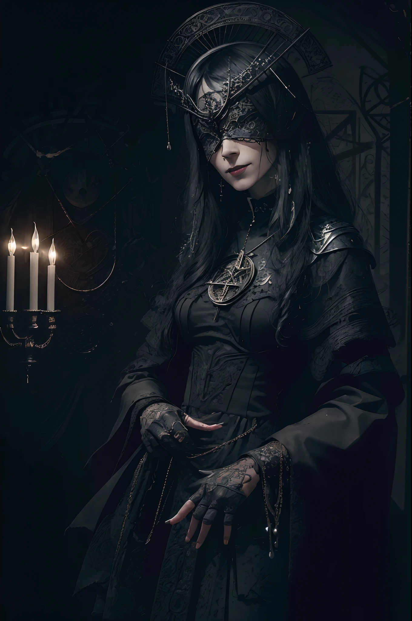 (Masterpiece:1), realistic, ((cinematic lighting)), official art, unity 8k wallpaper, ultra detailed, beautiful and aesthetic, High quality, beautiful, best quality, ((occult symbols)), esoteric, holy divination, fractal patterns, (a sister), a madure 40 years old woman wearing a silver blind mask, (smile: 0.8), thin and slender, black long hair (black hair: 1.2), black lips, perfect hands, perfect fingers, straight hair, choker, (black clothes), armor, ((Cassock)), capelet, elbow gloves, a crow (a crow: 1.2), on side, full body (from below, dutch_angle: 1.1), dutch angle, gothic cemetery, horror, dark_fantasy.