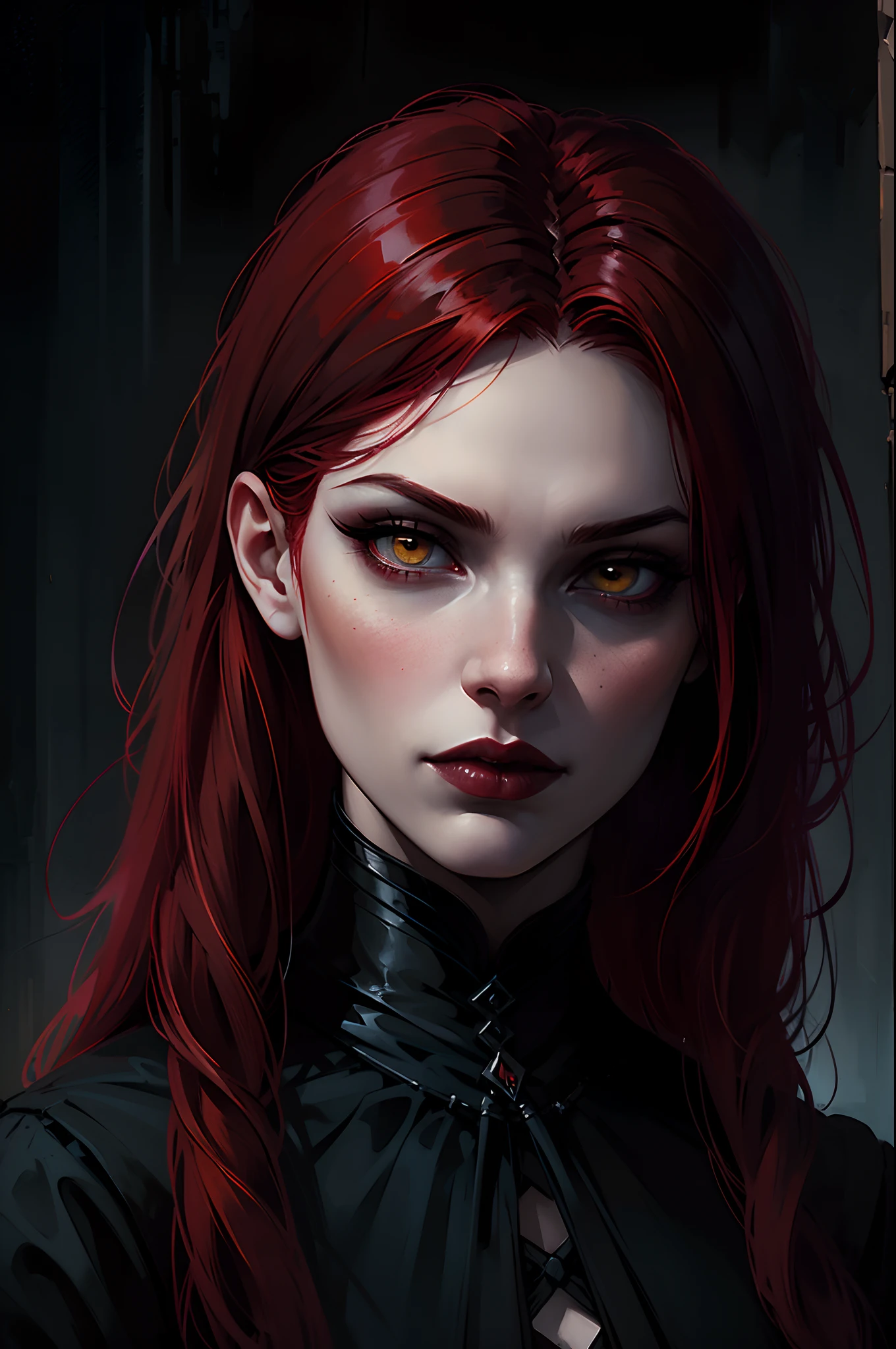 Woman with red hair and yellow eyes in black outfit, Vampire Girl, Dark, But detailed digital art, dark fantasy style art, Portrait of a vampire, androgynous vampire, Dark art style, style of charlie bowater, gothic horror vibes, tom bagshaw artstyle, gothic art style, dark fantasy portrait, neoartcore and charlie bowater