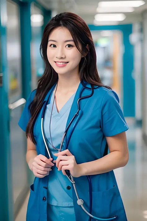 a young female ICU nurse in blue scrubs and a stethoscope from the 1990s
