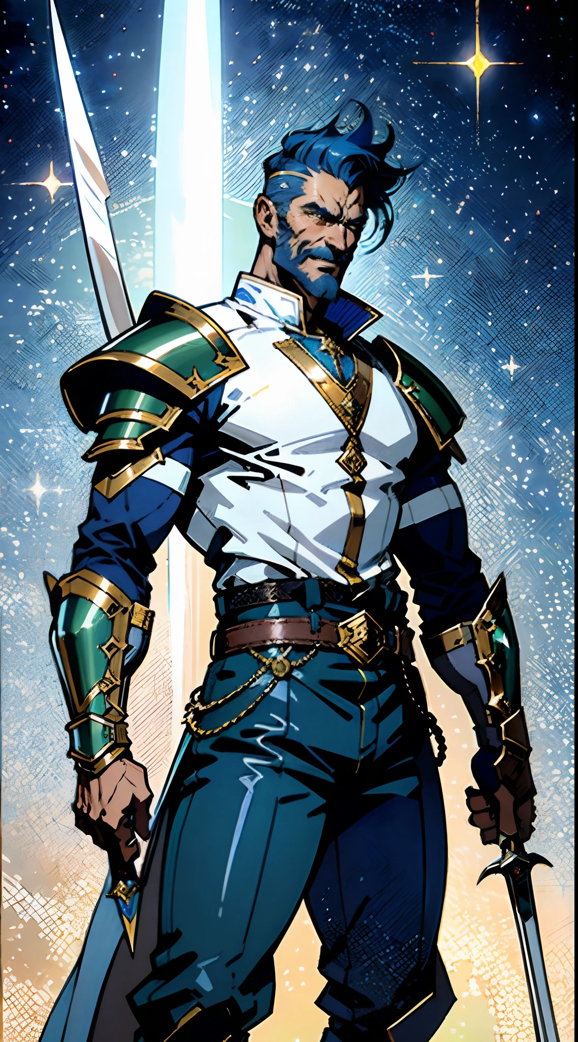 An elderly man with short dark blue hair, a fierce gaze, a wild toothy grin, a fantasy-style outfit of leather armor and a white shirt, a white chest armor with dark blue stripes on the edges, he holds a phantom dagger, dagger emitting a faintly green glow, a belt tied around his waist, cloth trousers, the background shows the vastness of the cosmic stars, this character embodies a finely crafted fantasy-style swordsman in anime style, characterized by an exquisite and mature manga illustration art style, high definition, best quality, highres, ultra-detailed, ultra-fine painting, extremely delicate, professional, anatomically correct, symmetrical face, extremely detailed eyes and face, high quality eyes, creativity, RAW photo, UHD, 8k, Natural light, cinematic lighting, masterpiece:1.5