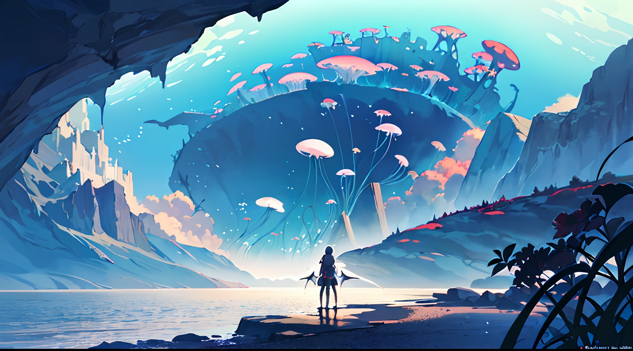 Masterpiece, High Quality, Ocean Forest, City, Fantastic Fantasy, Glowing Plants, Coral Viaduct, (Swarm of Glowing Jellyfish), (Shoal of Fish with Transparent Wings Flying in the Sky), Misty, Extreme Detail, Morning Light, Epic Composition, (Intricate Detail), (Intricate Design, Ultra Detail: 1.2), Art Station, (Masterpiece, Best Quality), Ultra HD, 32k ,castle,1girl --v 6