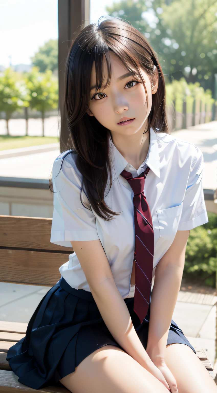 (masutepiece, Best Quality:1.2), 8K, 18year old, 85 mm, Official art, Raw photo, absurderes, White dress shirts, Pretty Face, close up, Upper body, violaceaess, gardeniass, Beautiful Girl, , (Navy pleated skirt:1.1), Cinch West, thighs thighs thighs thighs, Short sleeve, ‎Classroom, Sit on a bench seat, Looking at Viewer, No makeup, (Smile:0.4), Film grain, chromatic abberation, Sharp Focus, face lights, clear lighting, Teen, Detailed face, Bokeh background, (dark red necktie:1.1)、medium breasts⁩