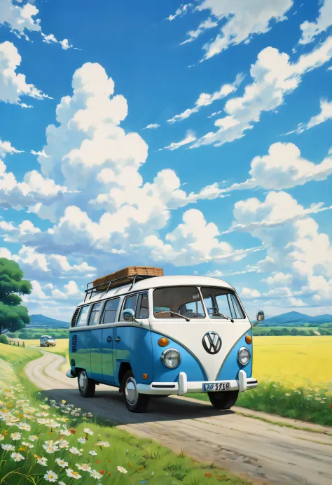 (((best quality)))), Realistic, authentic, beautiful and amazing landscape with a Volkswagen Kombi on the road oil painting Studio Ghibli Hayao Miyazaki pasture petals with blue sky and white clouds