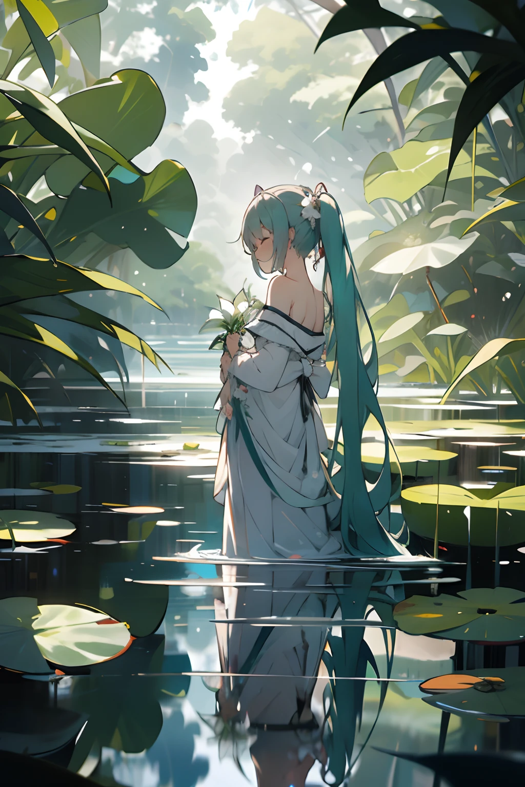 1girl, hatsune miku, solo, dress, flower, long hair, white dress, twintails, very long hair, holding, white flower, water, wading, closed eyes, bare shoulders, off-shoulder dress, holding flower, off shoulder, aqua hair, standing, from behind, lily pad