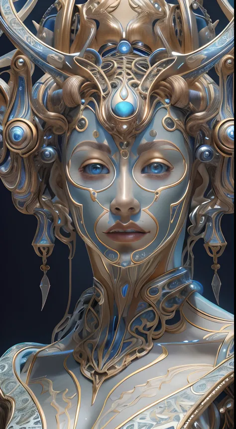 best qualtiy，tmasterpiece，超高分辨率，（realisticlying：1.4），absurderes，（Eye focus），（sface focus, Clear facial features），Complex 3d rendering of beautiful and charming biomechanical female porcelain figures，(((Has a porcelain finish)))、simulating、Beautiful natural...