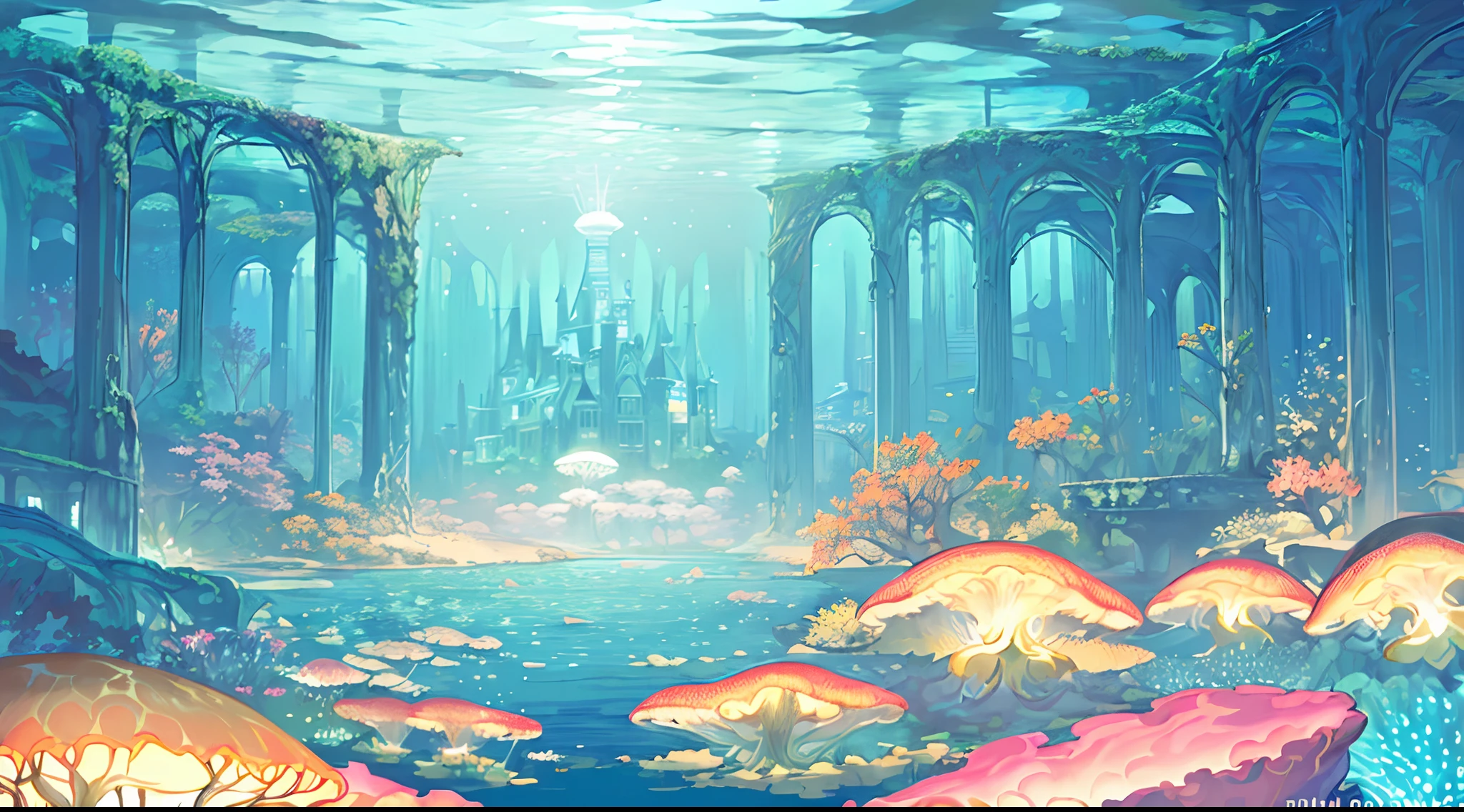 Masterpiece, High Quality, Ocean Forest, City, Fantastic Fantasy, Glowing Plants, Coral Viaduct, (Swarm of Glowing Jellyfish), (Shoal of Fish with Transparent Wings Flying in the Sky), Misty, Extreme Detail, Morning Light, Epic Composition, (Intricate Detail), (Intricate Design, Ultra Detail: 1.2), Art Station, (Masterpiece, Best Quality), Ultra HD, 32k ,castle,1girl --v 6