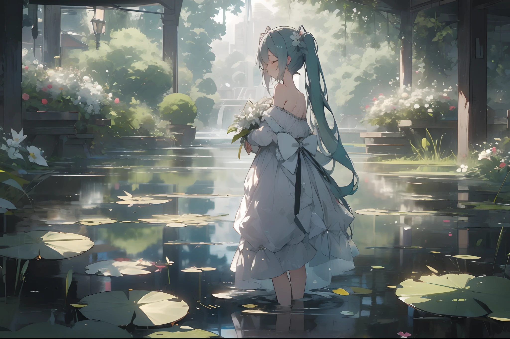 1girl, hatsune miku, solo, dress, flower, long hair, white dress, twintails, very long hair, holding, white flower, water, wading, closed eyes, bare shoulders, off-shoulder dress, holding flower, off shoulder, aqua hair, standing, from behind, lily pad