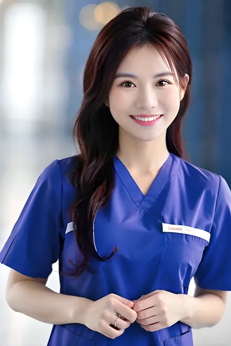 contemporary Vietnamese nurse in modern royal blue scrubs smiling vibrantly
