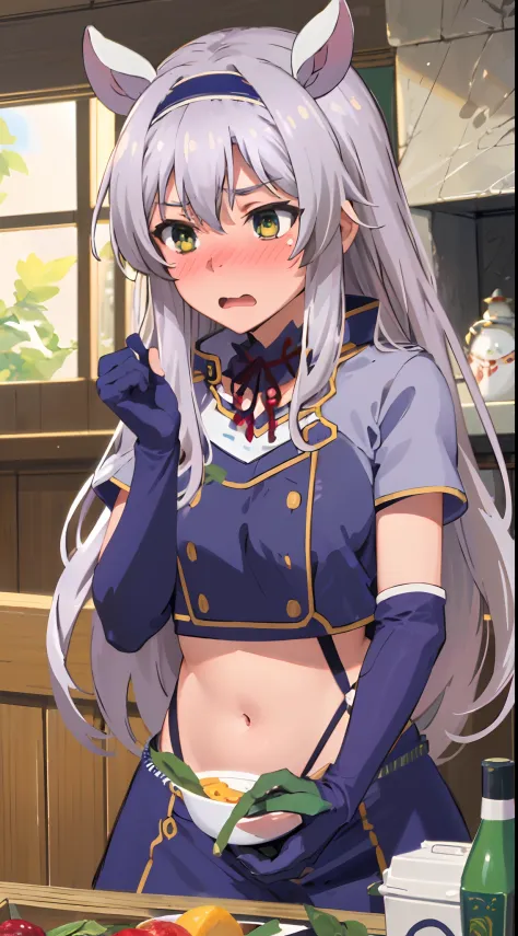 best quality, (masterpiece:1.2), detailed,
Sistine Fibel,
1girl, solo, open mouth, wavy mouth, nose blush, embarrassed,
long hair, grey hair, green eyes, blue hairband, animal ears, navel, gloves, (ultra-detailed eyes)
indoors.