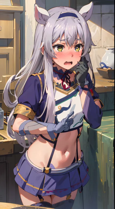 best quality, (masterpiece:1.2), detailed,
Sistine Fibel,
1girl, solo, open mouth, wavy mouth, nose blush, embarrassed,
long hair, grey hair, green eyes, blue hairband, animal ears, navel, gloves, ((elegant clothes)), (ultra-detailed eyes)
indoors.