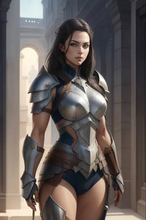 Btflindngds, a beautiful girl, brown eyes, brunette, tall, fit, strong, warrior, armor, fantasy, full body, photorealistic paint...