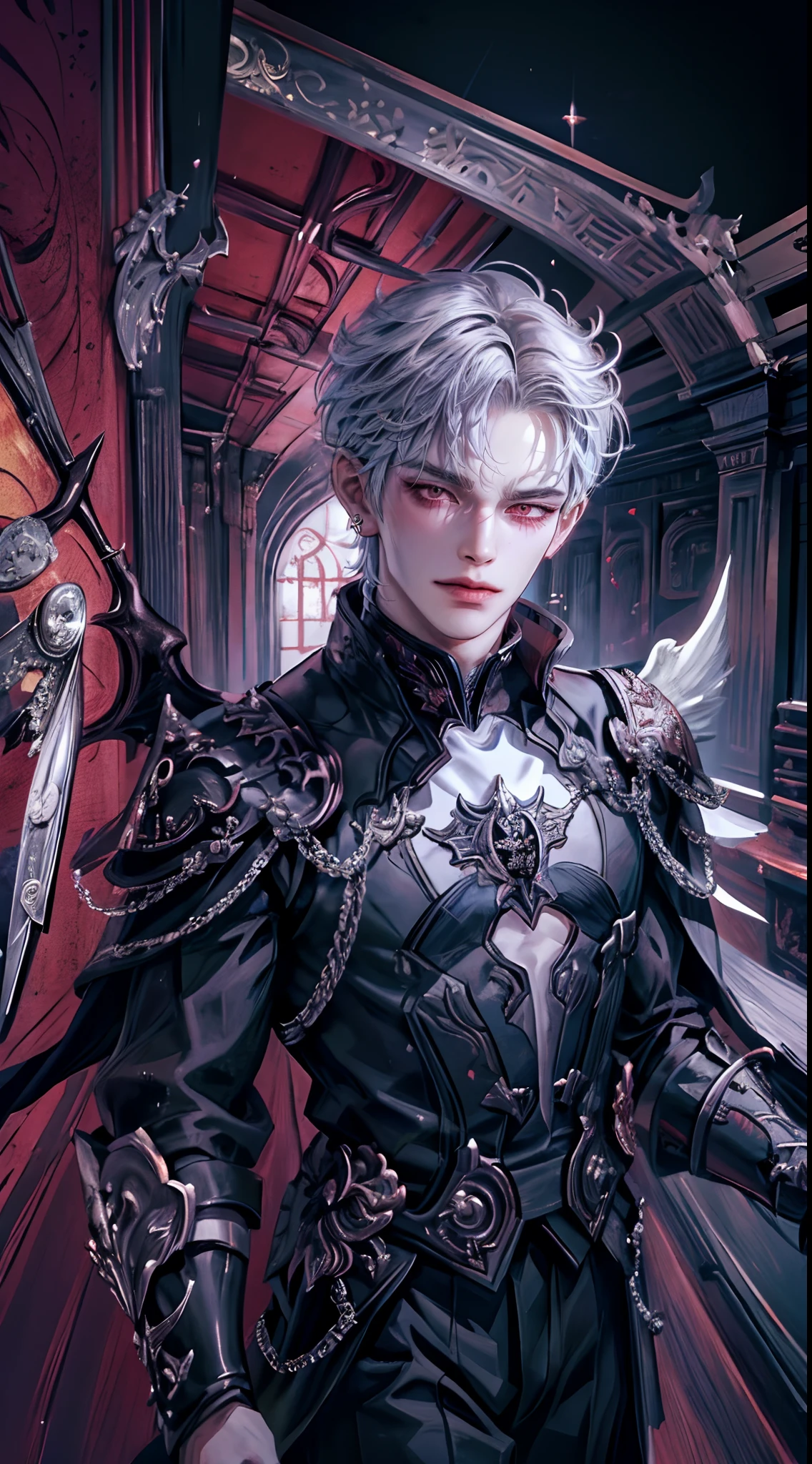 ((4K works))、​masterpiece、（top-quality)、((high-level image quality))、((One Beautiful Fallen Angel Man))、((King of Fallen Angels))、Slim body、((Vampire Black Y-Shirt Fashion))、(Detailed beautiful eyes)、((Fantastic English corridor))、Corridors in an evil English castle、((Face similar to Chaewon in Ruseraphim))、((Fallen Angel Longhair))、(((bright silver hair)))、((Smaller face))、((Neutral face))、((Evil face))、((Red Eyes))、((Korean Male))、((50 years old))、((wild boy))、((Evil look))、((angry expressions))、((Show your teeth and smile))、((Korean makeup with black eyeshadow))、((elongated and sharp eyes))、((Shot alone))、((Fallen angels))、Photos of fallen angels、Villain、Dark Proof、((shot from front))、((He is walking in front of the viewer))