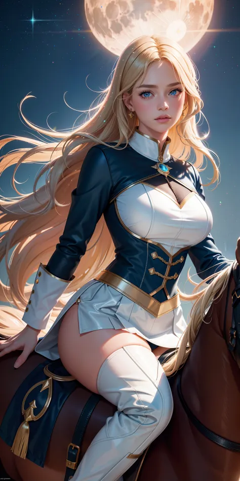 realistic, 1girl, Accent lighting, brightness, masterpiece, best quality, 1girl, long blonde wavy hair, blue eyes, equestrian uniform,Riding pants,thigh high boots, (masterpiece:1.4), best quality, ((realistic)), high quality, ultra detailed, (illustration...
