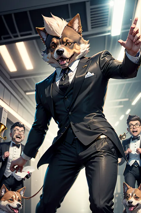(Man in black suit and tie)Cartoons playing the trumpet fiercely、Anthropomorphic collie dog