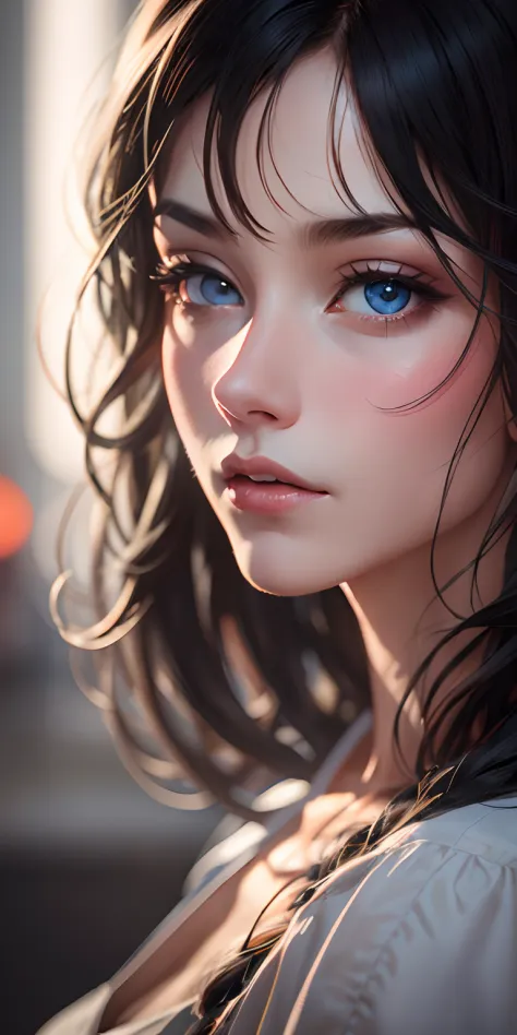 black hair, blue eyes, Hyperrealism, blurry foreground, projected inset, backlighting, 8k, super detail