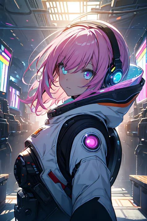 ​masterpiece、top-quality、ultra-detailliert、Official art、Beautifully Aesthetic、One girl in a spacesuit、glitch art:1.5、colourfull:...