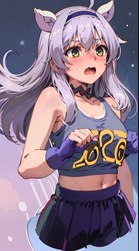 best quality, (masterpiece:1.2), detailed,
Sistine Fibel,
1girl, solo, open mouth, wavy mouth, nose blush, embarrassed, medium breasts,
long hair, grey hair, green eyes, blue hairband, animal ears, navel, gloves, (((cropped tank top, 20 years old))), (((ul...