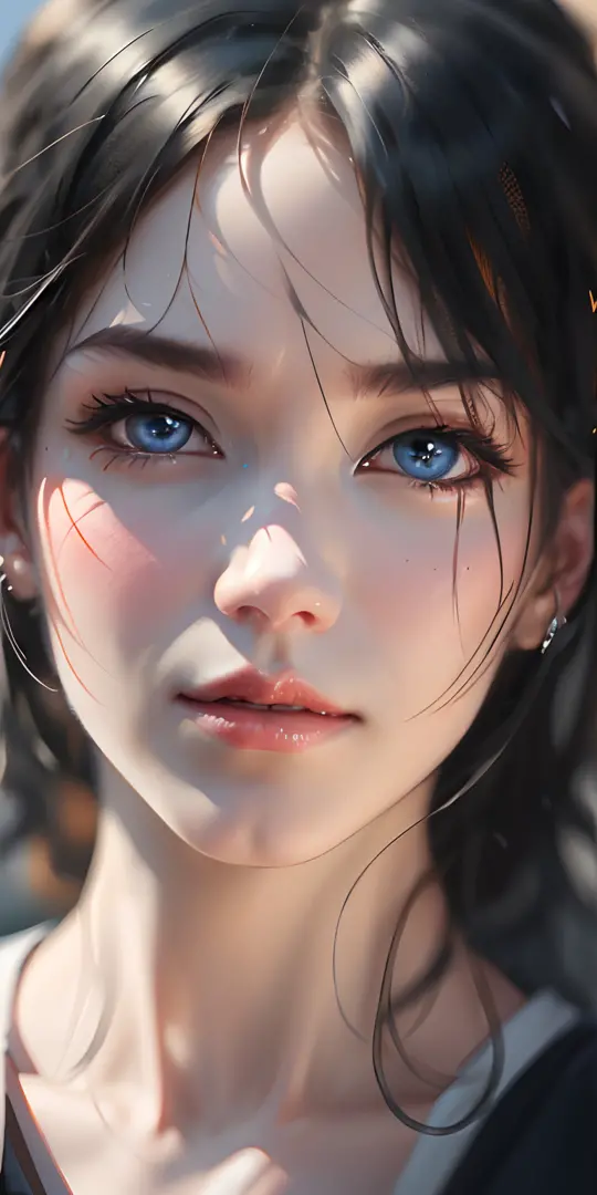 black hair, blue eyes, fair skin, portrait, Hyperrealism, blurry foreground, projected inset, backlighting, 8k, super detail