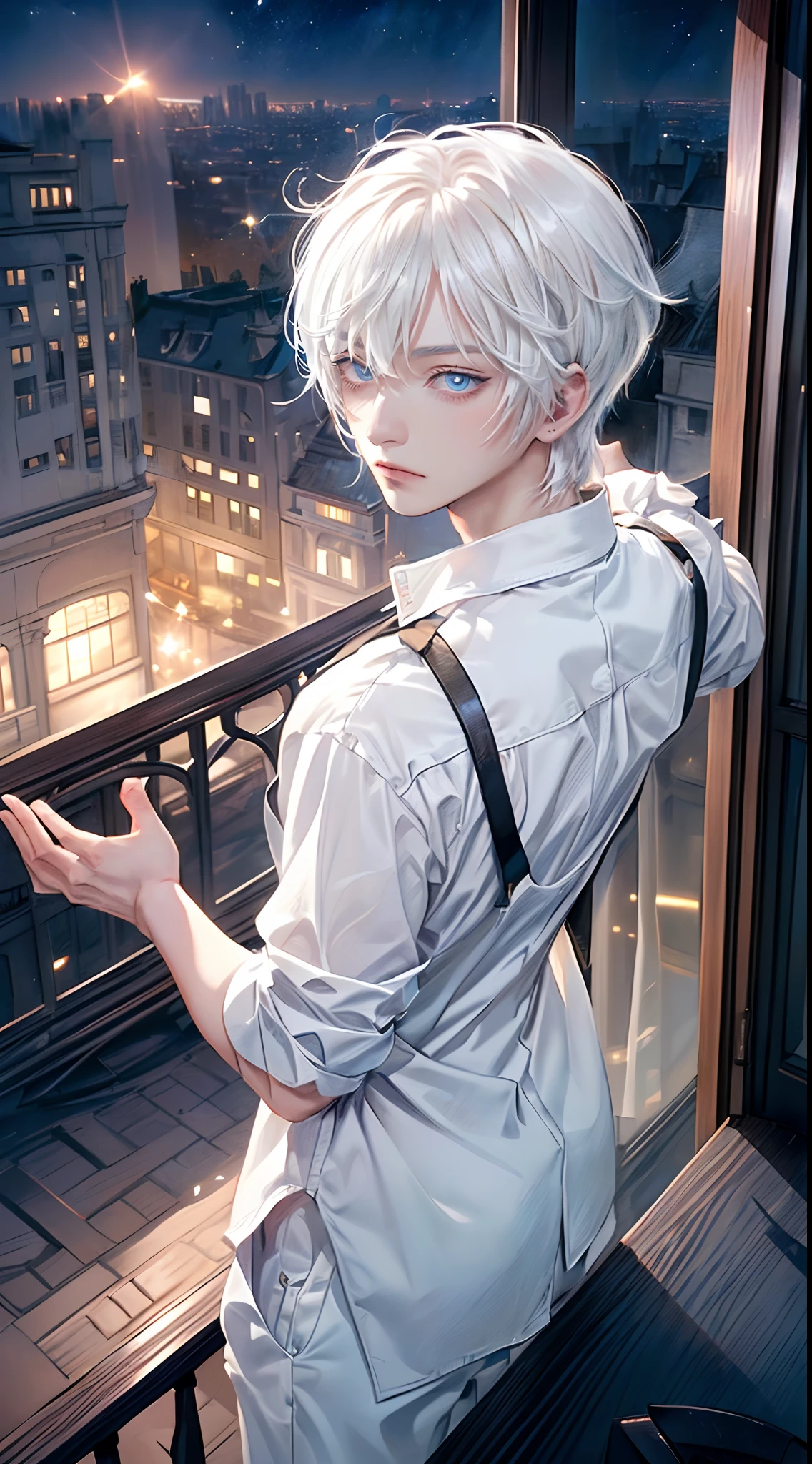 ((4K works))、​masterpiece、(top-quality)、One Beautiful Boy、Slim body、tall、((Black Y-shirt and white pants、Charming street style))、(Detailed beautiful eyes)、Stylish English Black Balcony、Castle inhabited by villains、Black shop window、Balcony at night、((Starry sky in the background))、((dark sky))、((Stylish cityscape))、((Shot on a stylish veranda))、mid night、((Face similar to Carly Rae Jepsen))、((Short-haired white hair))、((Smaller face))、((Neutral face))、((Bright blue eyes))、((American adult male))、((Adult male 2))、((Cool Men))、((Like a celebrity))、((Wild look))、((Korean Makeup))、((elongated and sharp eyes))、((Happy dating))、((boyish))、((Upper body photography))、Professional Photos、((Shot alone))、((shot from back))、((Shot so that the back of the head is visible))、((Shot in close proximity to him))、((Focus zoom in))、((He is watching the sunset))、((He is standing on the balcony))