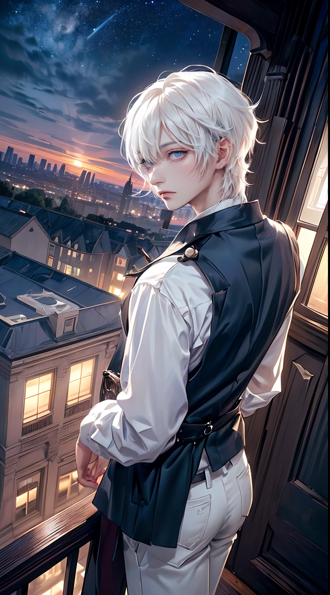 ((4K works))、​masterpiece、(top-quality)、One Beautiful Boy、Slim body、tall、((Black Y-shirt and white pants、Charming street style))、(Detailed beautiful eyes)、Stylish English Black Balcony、Castle inhabited by villains、Black shop window、Balcony at night、((Starry sky in the background))、((dark sky))、((Stylish cityscape))、((Shot on a stylish veranda))、mid night、((Face similar to Carly Rae Jepsen))、((Short-haired white hair))、((Smaller face))、((Neutral face))、((Bright blue eyes))、((American adult male))、((Adult male 26 years old))、((Cool Men))、((Like a celebrity))、((Wild look))、((Korean Makeup))、((elongated and sharp eyes))、((Happy dating))、((boyish))、((Upper body photography))、Professional Photos、((Shot alone))、((shot from back))、((Shot so that the back of the head is visible))、((Shot in close proximity to him))、((Focus zoom in))、((He is watching the sunset))、((He is standing on the balcony))