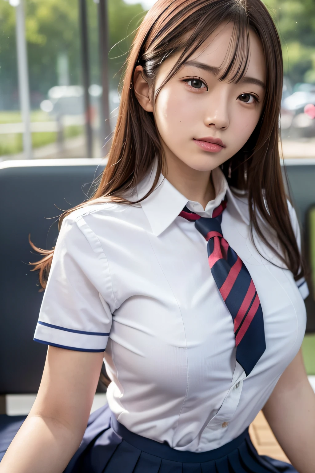 (masutepiece, Best Quality:1.2), 8K, 15yo student, 85 mm, Official art, Raw photo, absurderes, White dress shirts, Pretty Face, close up, Upper body, violaceaess, gardeniass, The most beautiful girl in the world, School uniform, (Navy pleated skirt:1.1), Cinch West, thighs thighs thighs thighs, Short sleeve, on train, Sit on a bench seat, Looking at Viewer, No makeup, (Smile:0.4), Film grain, chromatic abberation, Sharp Focus, face lights, clear lighting, Teen, Detailed face, Bokeh background, (dark red necktie:1.1)full bodyesbian、