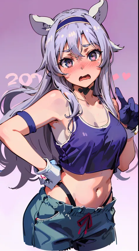 best quality, (masterpiece:1.2), detailed,
Sistine Fibel,
1girl, solo, open mouth, wavy mouth, nose blush, embarrassed, medium breasts,
long hair, grey hair, green eyes, blue hairband, animal ears, navel, gloves, (((cropped tank top, 20 years old))), (((ul...